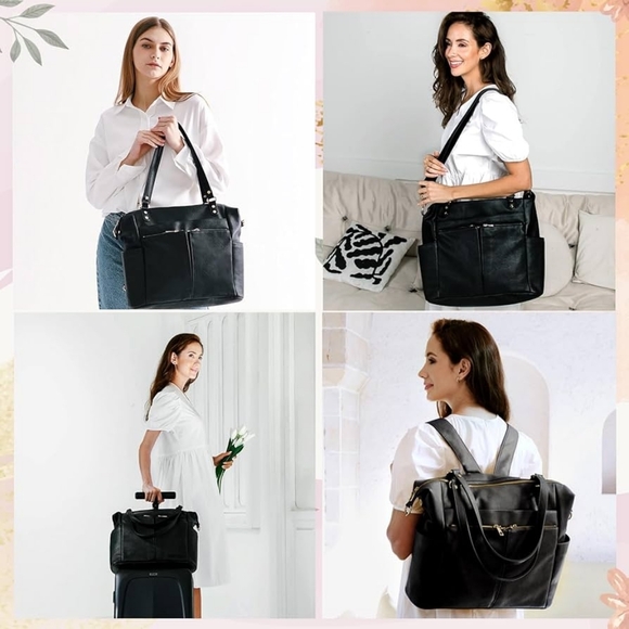 Mominside Black Leather Baby Diaper Bag Backpack, 14 Pockets & Changing Pad - Picture 7 of 16